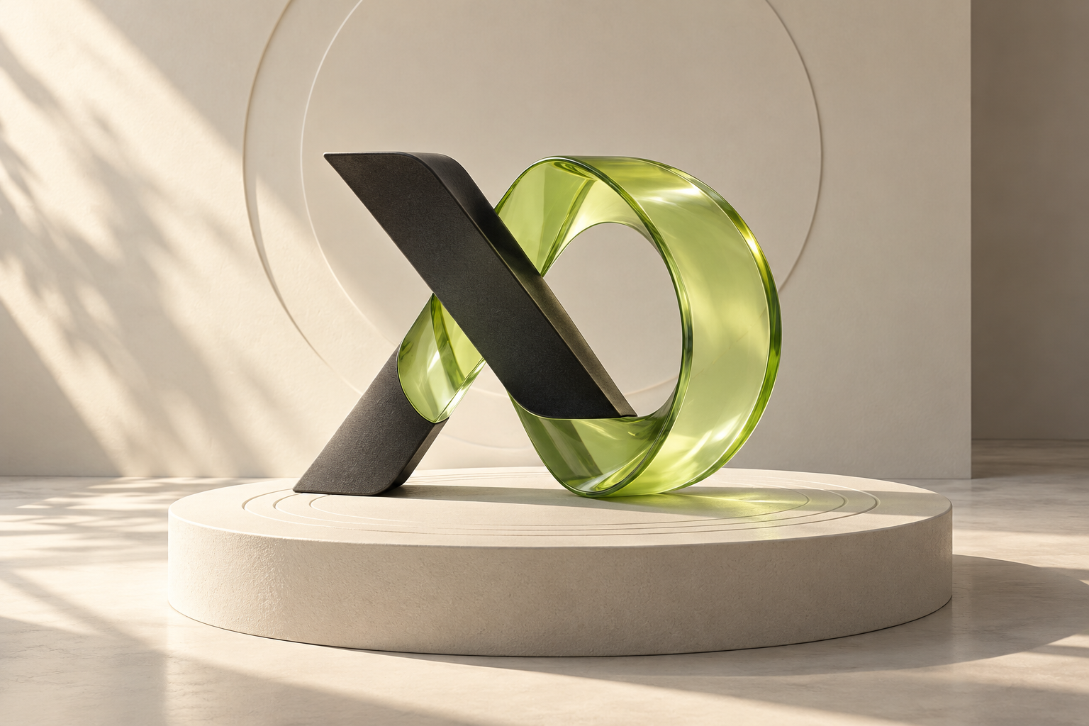 Abstract X and D inspired sculpture in dark ceramic and lime glass